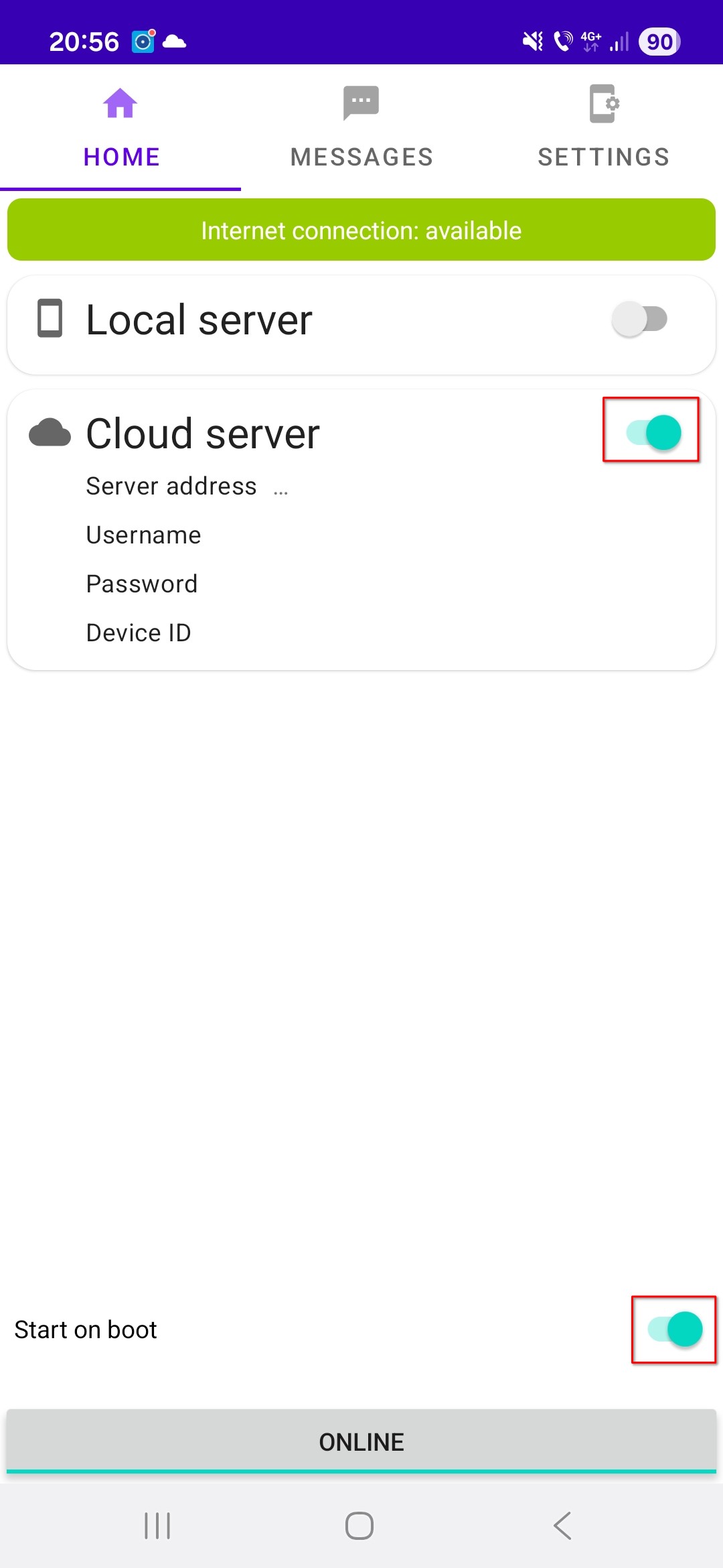 SMSGate main screen showing Cloud server and Start on boot toggles