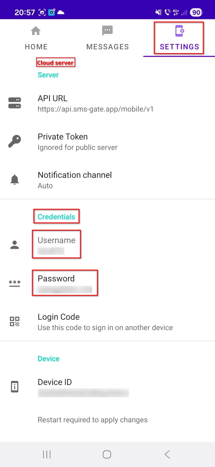 SMSGate cloud server credentials screen