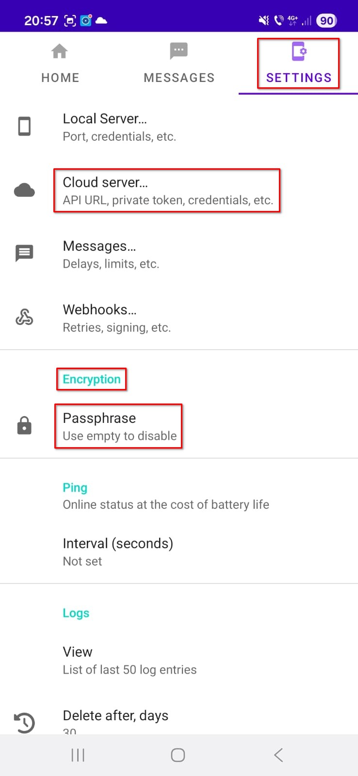 SMSGate settings screen showing Cloud server and Encryption sections