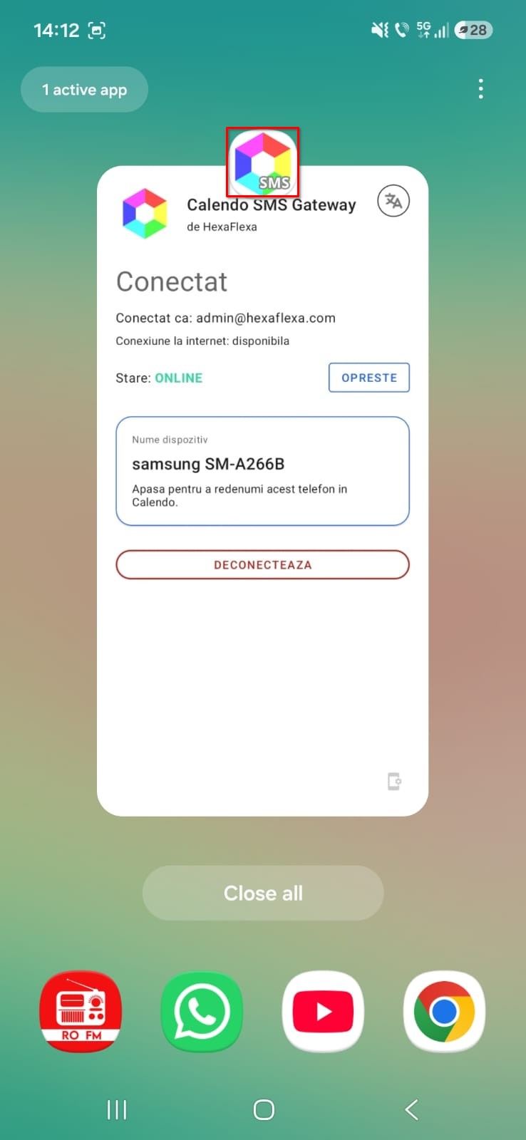Open Recent Apps and find Calendo SMS Gateway